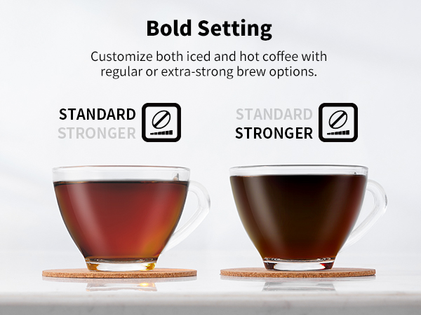 Adjustable coffee strength for iced and hot brews with bold setting