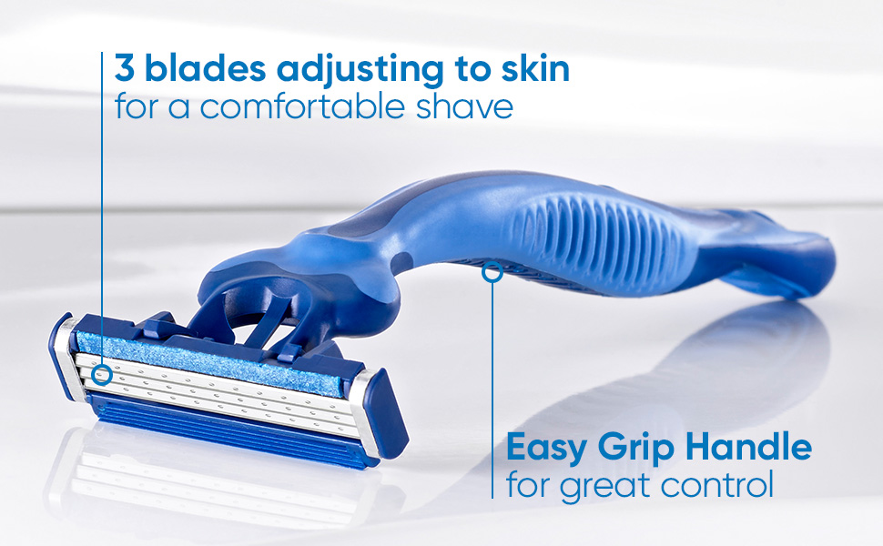 3 blades adjusting skin for a comfortable shave Easy grip handle for great control