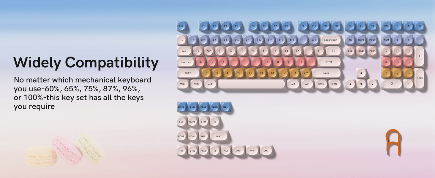 Includes 129 keycaps to support multiple keyboard sizes from compact 60% layouts to full-size