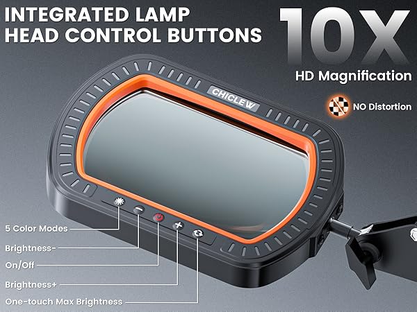 Text reads 'INTEGRATED 5-IN-1 HEAD CONTROL BUTTONS', '10X HD Magnification', '5 Color Modes', 'HD Distortion'. Technical diagram showing device interface with orange accent lines.