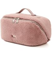 EACHY Travel Makeup Bag,Cute Faux Fur Cosmetic Bag for Women,Portable 180°Wide-Open Flat Toiletry...