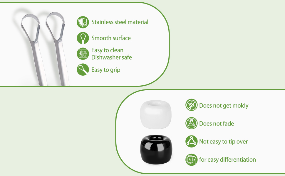 benefit points of stainless steel tongue scraper and ceramic holder