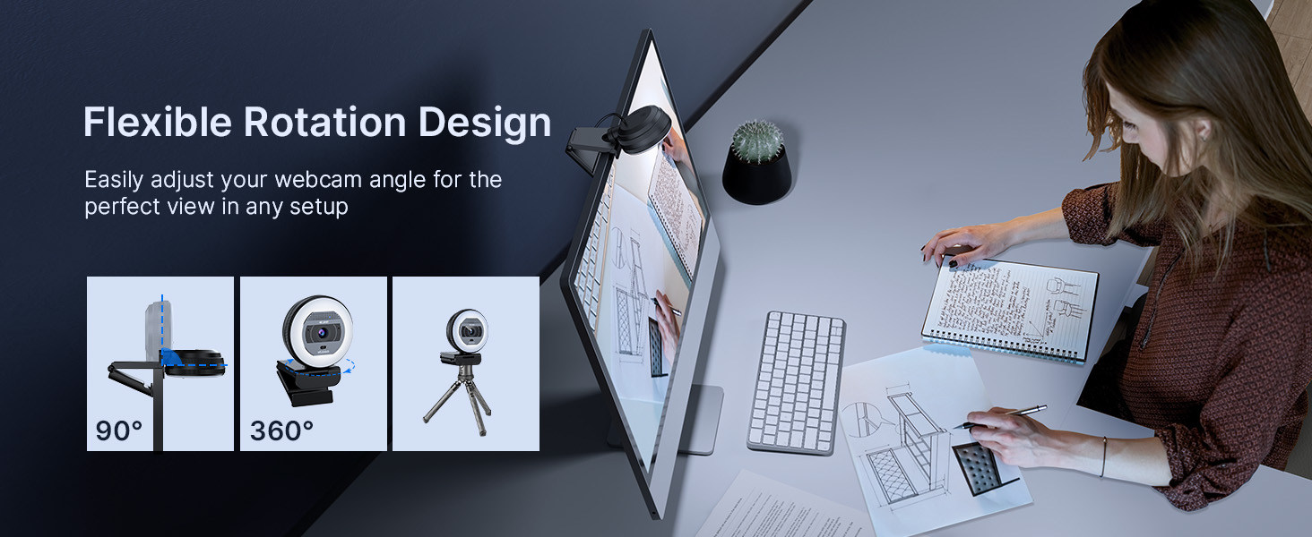 A woman adjusts the webcam downward to work on her artwork.