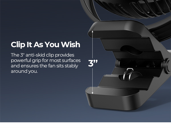 Close-up of a 3-inch anti-skid clip on a fan base. Text describes its powerful grip for stability on most surfaces.
