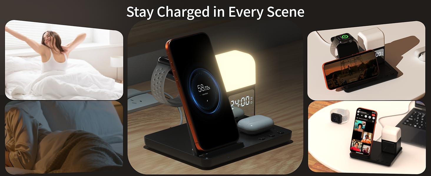 Wireless Charger for iPhone, 6in1 Fast Phone Charger Stand Dock Alarm Clock Night Light