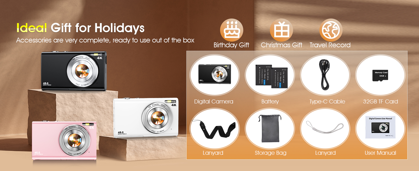 Product advertisement showing camera accessories and gift options with icons displaying various features and components against a brown background with white boxes.