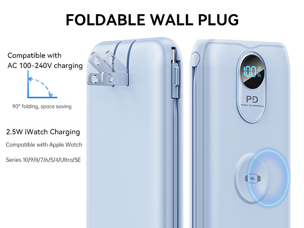 Plug-in portable charger, compact design fits in any US outlet.