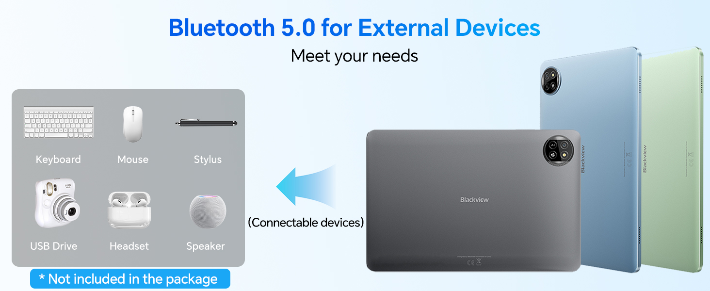 Text reads 'Bluetooth 5.0 for External Devices' and 'Meet your needs'. Product advertisement showing wireless connectivity device with blue and gray graphic elements.