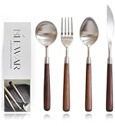 Elegant Natural Walnut Wood Handle Flatware Set, Premium 304 Stainless Steel with Wood Handle Sil...