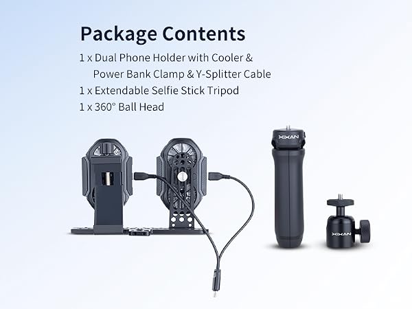 Package Contents: 1 x Dual Phone Holder with Cooler &amp; Power Bank Clamp &amp; Y-Splitter Cable