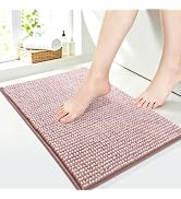 Upgrade Bathroom Rugs Dusty Rose &amp; White, Chenille Spliced with Fluffy Cut Pile Absorbent Bath Ma...