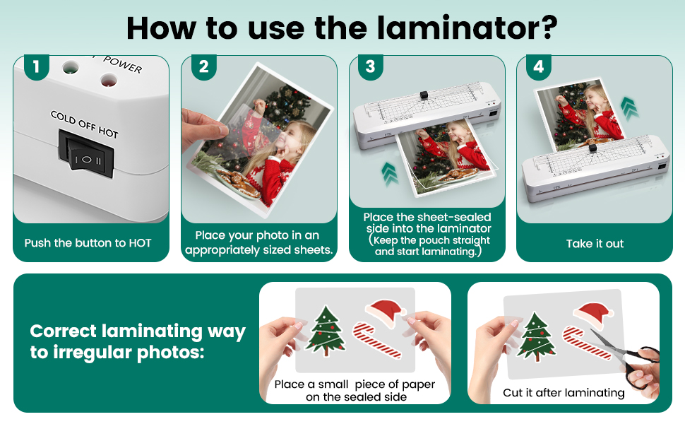 Text reads 'How to use the laminator?' Step-by-step instructional guide showing process of using a lamination machine with numbered steps and visual demonstrations.