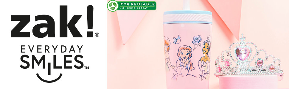 zak! Everyday Smiles logo and lifestyle image of kids&amp;#39; straw tumbler featuring Disney Princess