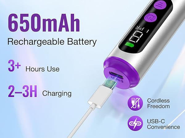 Cordless Electric Nail Drill 650mAh Long Capacity Rechargeable Battery USB C Charging 3 Hours Use
