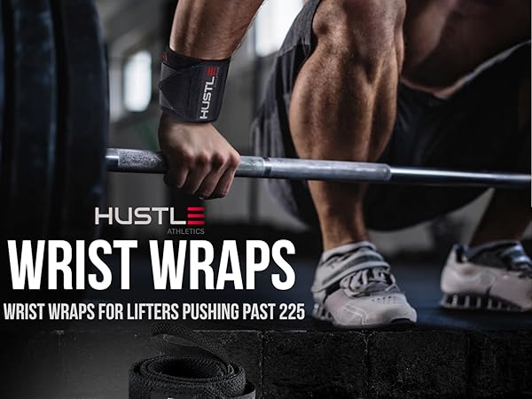 Wrist wraps worn during heavy barbell training for stable wrist support in weightlifting