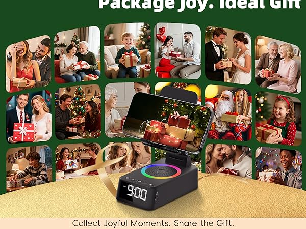 Text reads: 'Collect Joyful Moments. Share the Gift.' Multiple photo frames arranged in collage style against green background showing group celebrations.