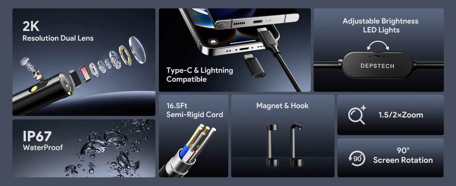 DEPSTECH Endoscope Camera with Ligh Dual Lens Inspection Borescope for iPhone &amp;amp; Android