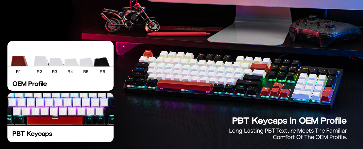 Text reads 'PBT Keycaps vs OEM Profile'. Multiple views of computer keyboard keycaps showing different profiles and layouts against dark background with RGB lighting.