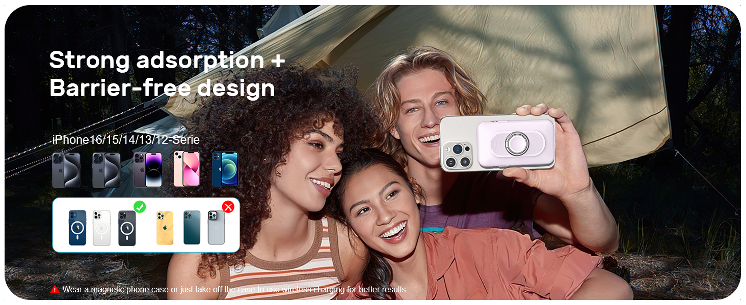 Text reads 'Strong saturation + Barrier-free design'. Mobile phone interface displaying multiple photo filter options.