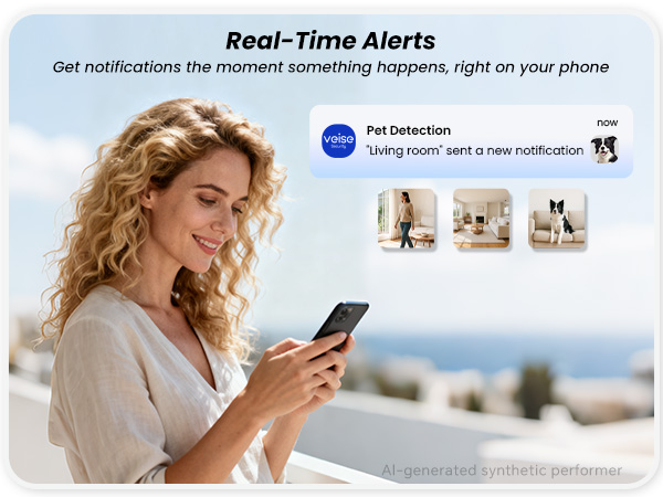 Smiling woman checks her smartphone after receiving a pet detection alert from her veise camera.