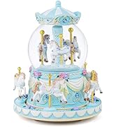 Mr.Winder Carousel Music Box Snow Globe Unicorn Wind Up Horse Musical Boxes with Changeable Light...