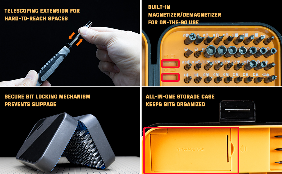 Telescoping Extension for Hard-to-Reach Spaces Built-in Magnetizer/Demagnetizer for On-the-Go Use