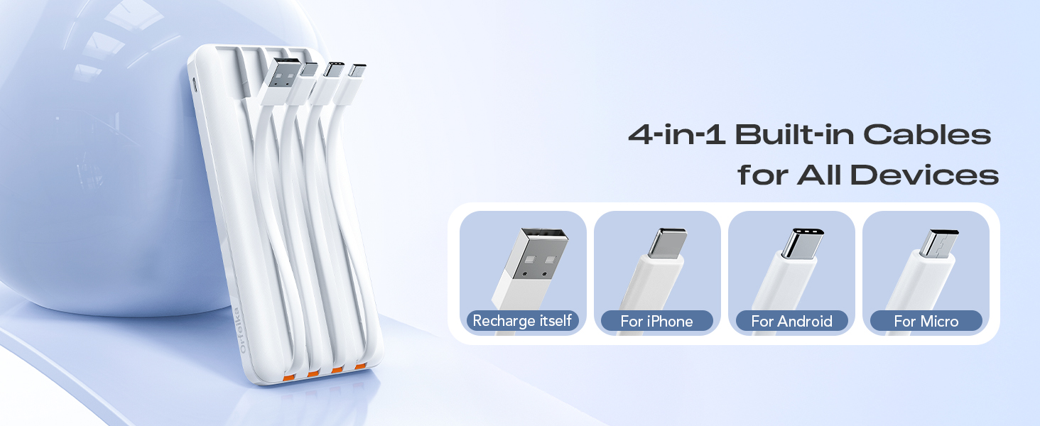 Text reads '4-in-1 Built-in Cables for All Devices' with four connector type icons. White charging cable bundle with integrated USB, Lightning, USB-C, and micro-USB connectors.