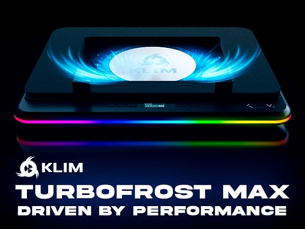 Text reads 'KLIM TURBOFROST MAX DRIVEN BY PERFORMANCE'. Gaming cooling pad with blue LED center and RGB lighting strips along edges