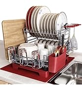 BOOSINY 2 Tier Red Large Stainless Steel Dish Drainers Drying Rack for Kitchen Counter with Drain...