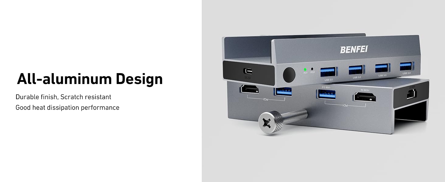 Aluminum USB hub with multiple ports. Text indicates 'All-aluminum Design' and 'BENZI' branding. Features a sleek, rectangular shape.
