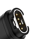 Close-up of black electronic connector with oval-shaped metal rim and four gold contact pins visible inside.