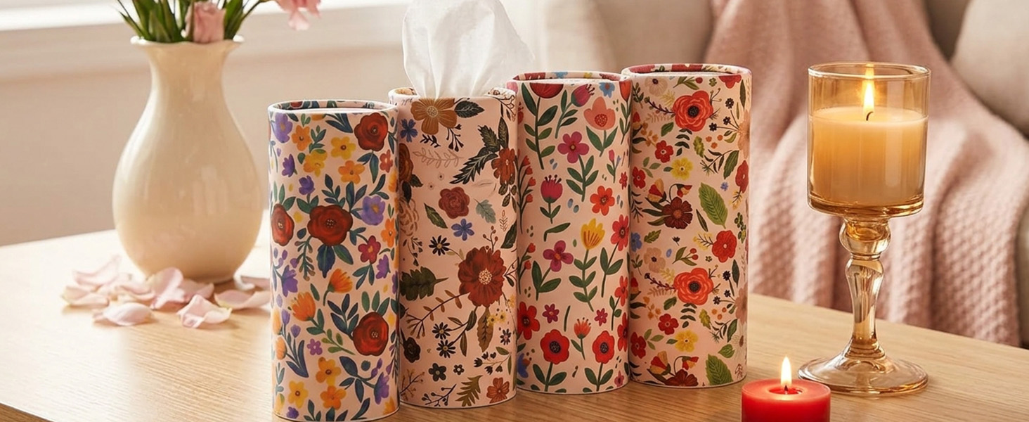 Car Tissues with Floral Cylinder Holder Round Portable Travel Tubes Box Container Tissue