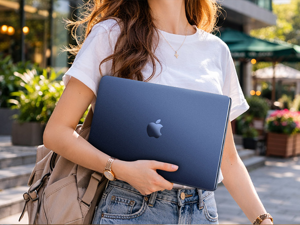Multiple images showing people outdoors using dark blue laptops in casual settings, demonstrating portability