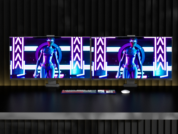 Digital display showing illuminated blue humanoid figures in glass-like cases, with purple triangular patterns on either side.