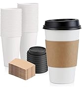 [50 Pack] 16 oz Hot Beverage Disposable White Paper Coffee Cup with Black Dome Lid and Kraft Slee...