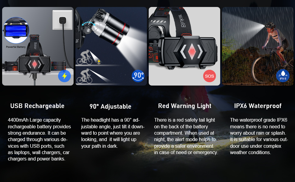 Rechargeable LED flashlight with 90° adjustable head, red warning light, and waterproof design. Features include USB charging, 4500mAh battery capacity, and multiple light modes.