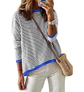 Dokotoo Sweaters for Women Casual Long Sleeve Crewneck Striped Color Block Shirts High Low Pullov...