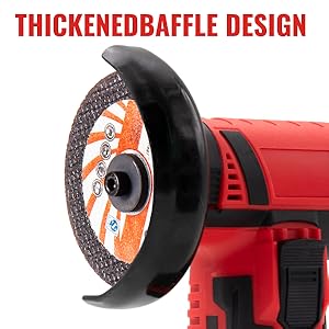 Close-up of a red power tool attachment showing a black protective baffle design with an orange circular grinding disc visible.