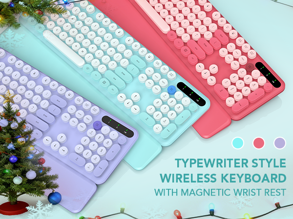 Wireless Retro Typewriter Keyboard with Detachable Wrist Rest Blue Colorful Christmas surprise