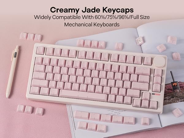 Pink-tinted images showing computer keyboard with white keycaps from multiple angles on pink surface.
