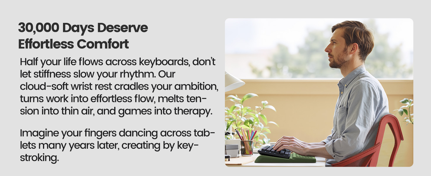 Text reads '30,000 Days Deserve Effortless Comfort' followed by lifestyle images and additional text about rhythm and well-being.