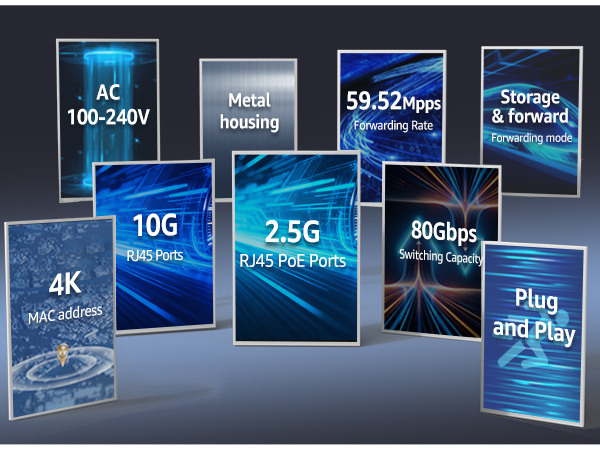Text reads 'AC 100-240V', 'Metal Housing', '59.52cm²', 'Storage &amp; Transfer', '10G Patches', '2.5G', '800bps', '4K', 'Plug and Play'. Network router specifications displayed with blue technology graphics showing connectivity features and speed ratings.