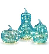 NEEDOMO Fall Decorations for Home, Set of 3 Blue Mercury Glass Pumpkin with LED Lights Timer for ...