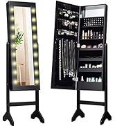 Giantex Standing Jewelry Armoire with 18 LED Lights Around the Door, Large Storage Mirrored Jewel...