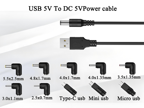 USB to DC power cable with multiple interchangeable connectors. Includes USB-A to 5.5x2.5mm DC plug, and 9 additional tips for various device sizes and types including Type-C, Mini USB, and Micro USB.