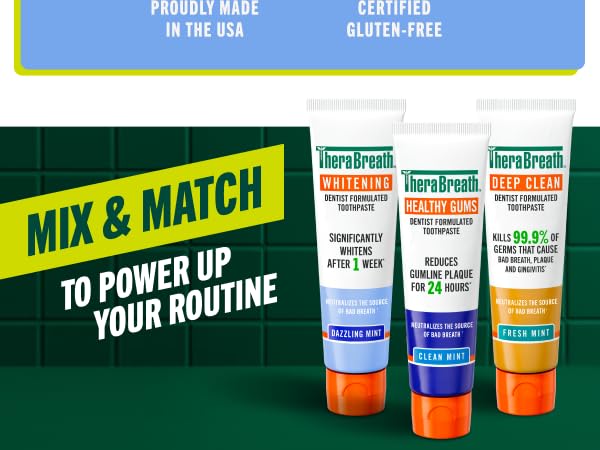 Three anticavity toothpastes whitening healthy gums and deep clean placed on a dark green background