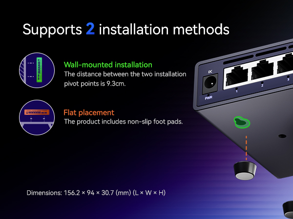 Text reads 'Supports 2 installation methods'. Technical diagram showing wall-mounted and flat placement installation options for an electronic device.