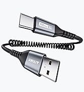 USB-C to USB-A charging cable with coiled design. Features 480Mbps data transfer and 18W power output. Gray metallic connectors with black cable and stress relief.