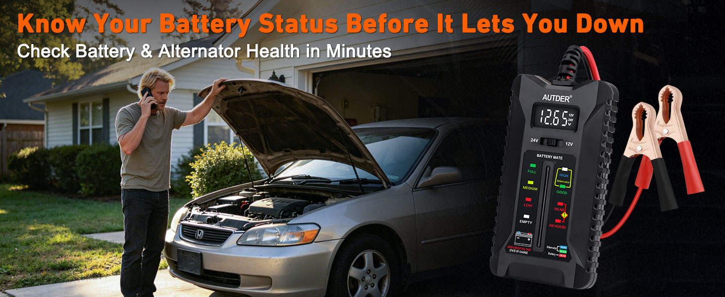 Text reads 'Know Your Battery Status Before It Lets You Down' 'Check Battery &amp; Charging Health Instantly'. Car with open hood and digital multimeter display device shown for vehicle battery diagnostics.