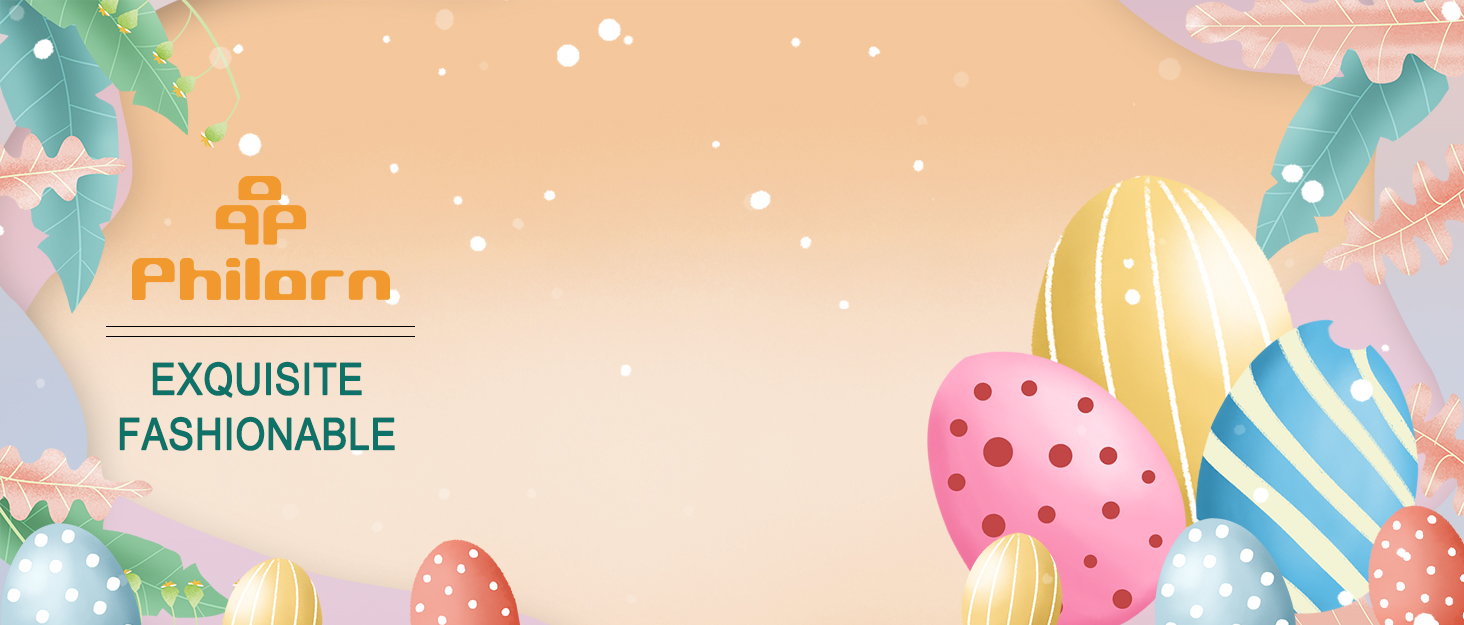Colorful illustration with pastel background, stylized trees, and Easter egg shapes. Text 'Philorn' and 'EXQUISITE FASHIONABLE' visible.